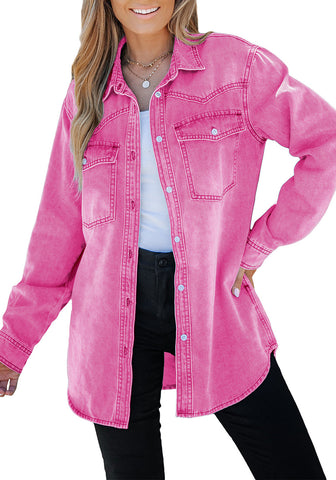 Carnation Pink Women's Trendy Long Denim Jackets Oversized Shackets with Pockets