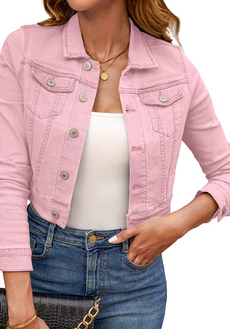Pink Women's Basic Long Sleeves Fitted Denim Cropped Jacket