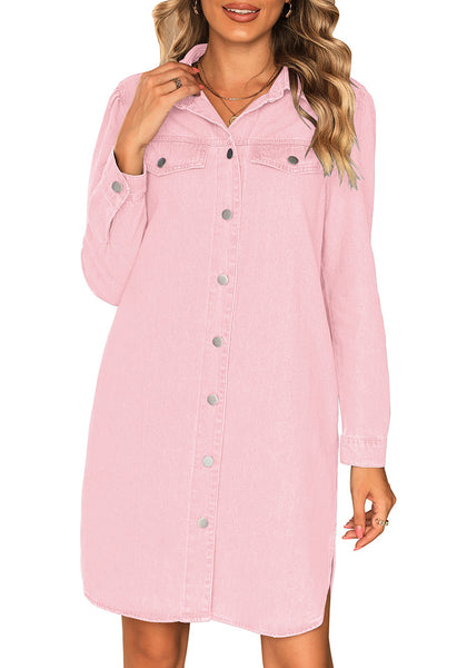 Baby Pink Women's Brief Work Denim Button Down Dress with Long Sleeves and Pocket