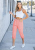 Pink Women's High Wasited Cargo Pants Cuffed Hem Elastic Waist Capri Pants With Pockets