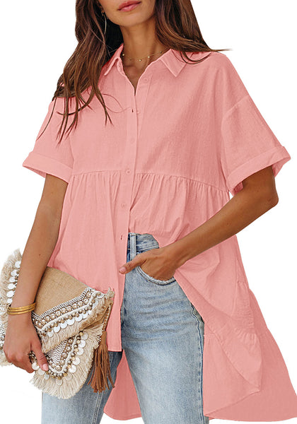 Quartz Pink 2023 Button Down Shirts for Women Oversized Short Sleeve Blouses Babydoll Flowy High Low Tunic Tops Summer