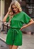 Fern Green Women Casual Short Sleeves Self-Tie Belted Short Romper Jumpsuits