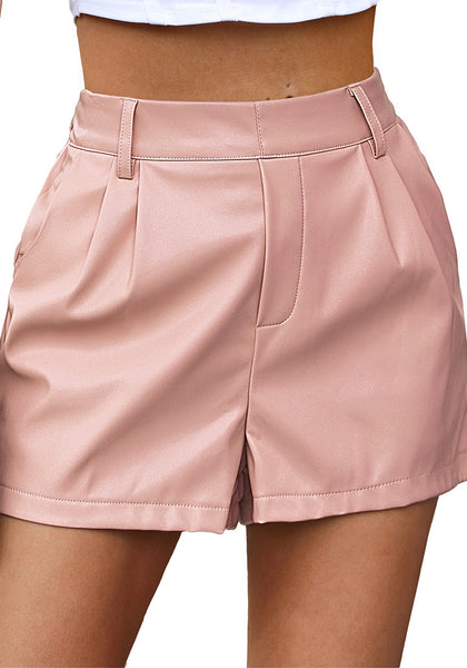 Dusty Pink Women's High Waisted PU Leather Shorts Stretch Pocket Pleat Shorts