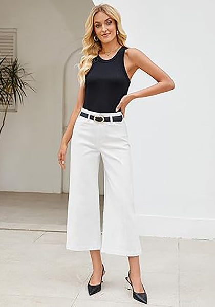 Cream White Women's High Waisted Wide Leg Denim Cropped Jean Pants for Curvy