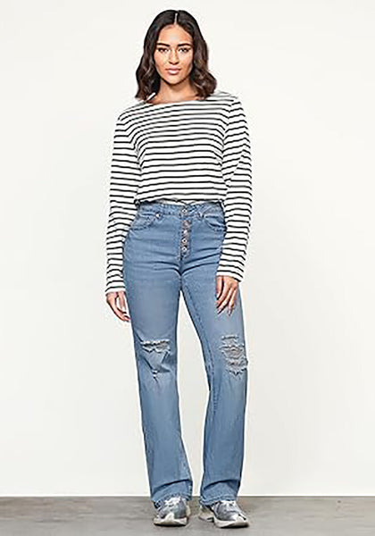 Medium Blue High Waisted Ripped Flare Jeans for Women Distressed Bell Bottom Jeans Wide Leg Pants