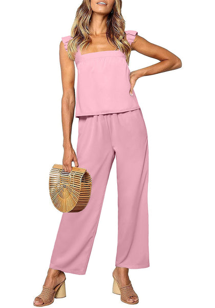 Cameo Pink Women's 2 Piece Sets Flowy Square Neck Top Wide Leg Pants Vacation Two Piece Outfits