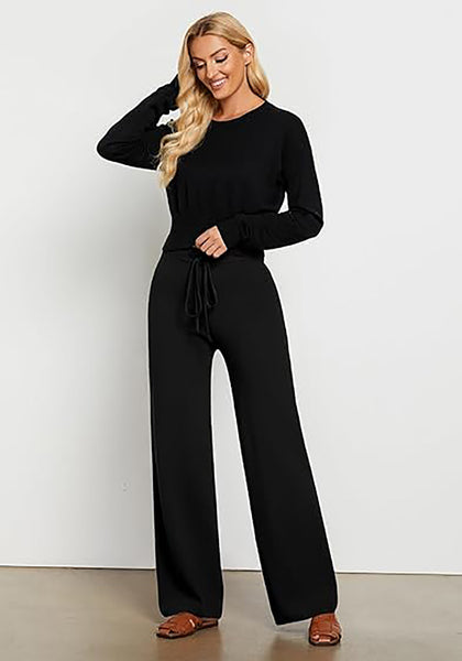 Black  Women's Full-Length Wide Leg Stretch Casual Pants Elastic Waist Relaxed Fit