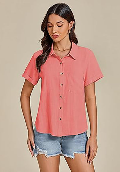 Coral Red for Women's Lapel Button Front Short Sleeve Top Casual Blouse Button-Down Shirt