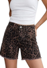 LookbookStore Women Brown Leopard High Rise Leopard Cheetah Print Jean Shorts, Stretch Denim Raw Hem Mid Thigh Casual Summer Jorts