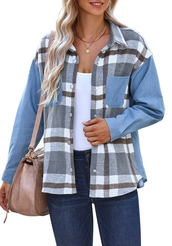 Gray Plaid Women's Brief Button Down Denim Loose Plaid Flannel Shirt Coats Jackets