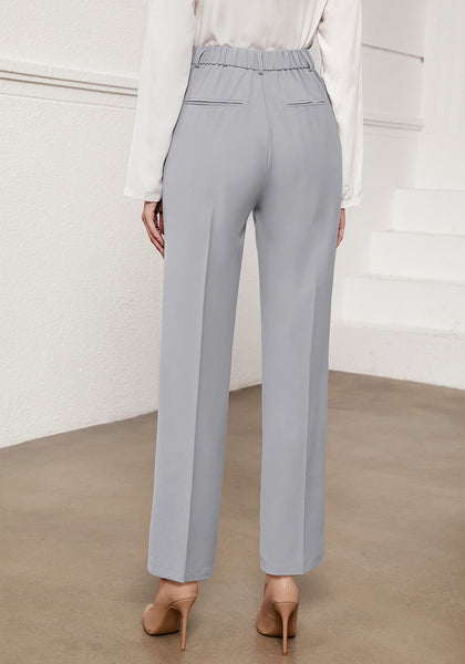 Gray Women's Business Casual High Waisted Straight Leg Stretchy Elastic Waist Trousers