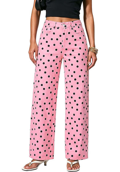 LookbookStore Wide Leg Jeans for Women High Waisted Polka Dot Stretch Denim Pants | Polka Dot, 90s Baggy Straight, High Rise, 29.5 Inch Inseam, Stretchy Jean Pants, Classic 5 Pockets, Business Casual Outfits