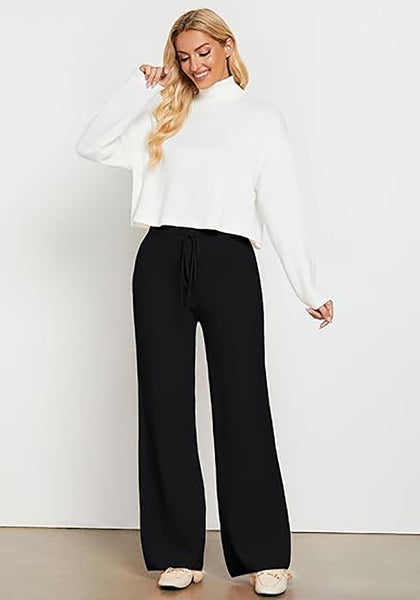 Black  Women's Full-Length Wide Leg Stretch Casual Pants Elastic Waist Relaxed Fit