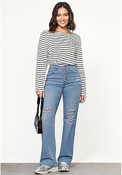 Medium Blue High Waisted Ripped Flare Jeans for Women Distressed Bell Bottom Jeans Wide Leg Pants