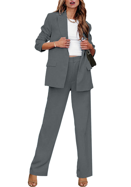 Gray Women's Business Casual 2 Piece Blazer Jacket Straight Leg High Waisted Pants Suits