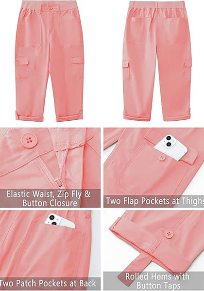 Pink Women's High Wasited Cargo Pants Cuffed Hem Elastic Waist Capri Pants With Pockets