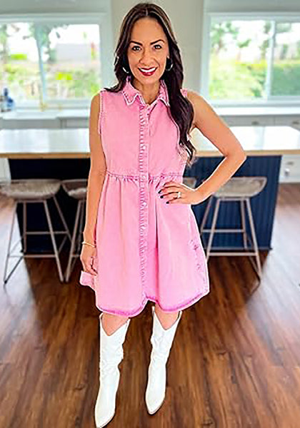 Aurora Pink Denim Dress for Women Sleeveless Babydoll Button Down Short Jean Dresses Cute Summer