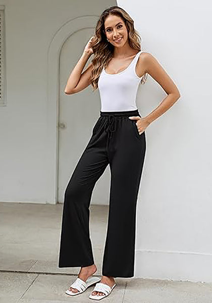 Black  Women's Casual Elastic Waist Full Length Relaxed Fit Stretch Wide Leg Pants Side Pocket