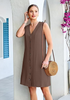 LookbookStore Women's Coffee Brown  Knee Length Linen Dress – Sleeveless V Neck Button Down, Self Tie Waist & Side Pockets