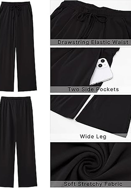 Black  Women's Casual Elastic Waist Full Length Relaxed Fit Stretch Wide Leg Pants Side Pocket