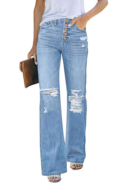 Cool Blue High Waisted Ripped Flare Jeans for Women Distressed Bell Bottom Jeans Wide Leg Pants