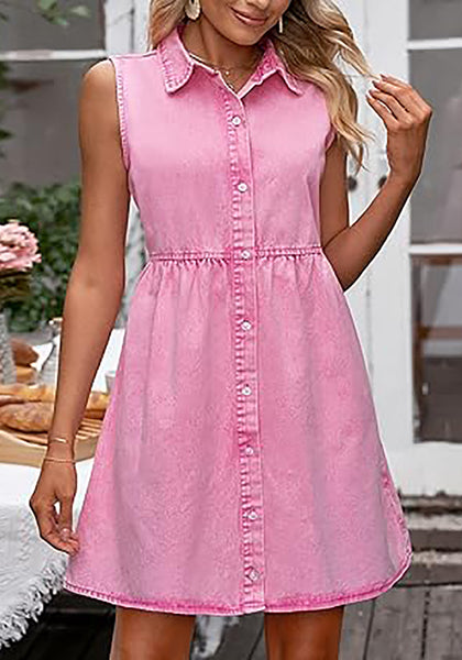 Aurora Pink Denim Dress for Women Sleeveless Babydoll Button Down Short Jean Dresses Cute Summer