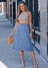 LookbookStore Women's Medium Blue Trendy Midi A-Line Denim Skirt – Stretchy Western Casual Button Down Style with Convenient Pockets