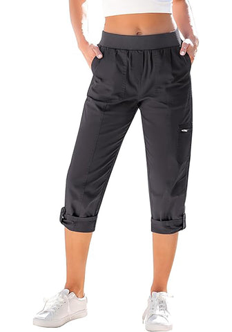 Dark Gray Women Waist High Waist Slight Stretch Capri Elastic Wais