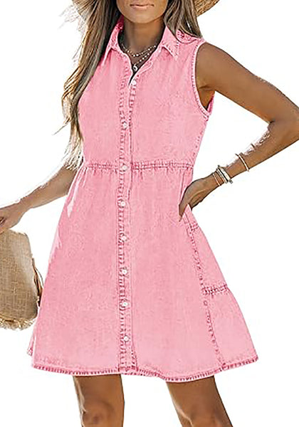 Baby Pink Denim Dress for Women Sleeveless Babydoll Button Down Short Jean Dresses Cute Summer