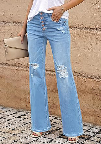 Cool Blue High Waisted Ripped Flare Jeans for Women Distressed Bell Bottom Jeans Wide Leg Pants