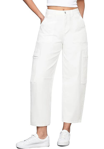 Cream White Women's Jeans Denim Relaxed Straight Ankle Length Barrel Cargo Pant