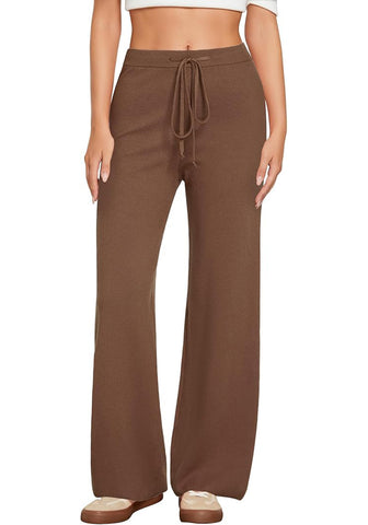 Coffee Women's Full-Length Wide Leg Stretch Casual Pants Elastic Waist Relaxed Fit