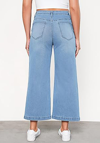 Lennox Blue Women's High Waisted Wide Leg Denim Cropped Jean Pants for Curvy