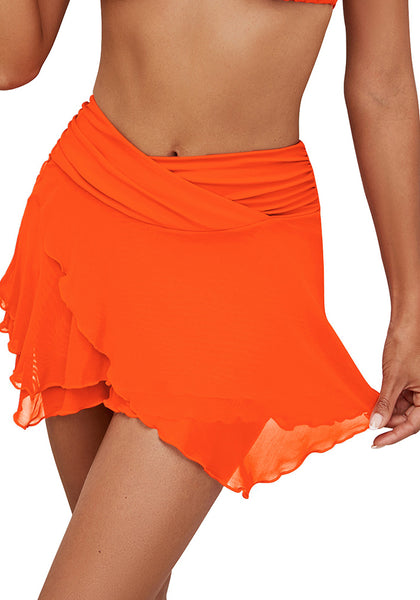Neon Orange Women's Brief Criss Cross High Waisted Swim Skirt Layered Mesh Swimsuit Cover-Up