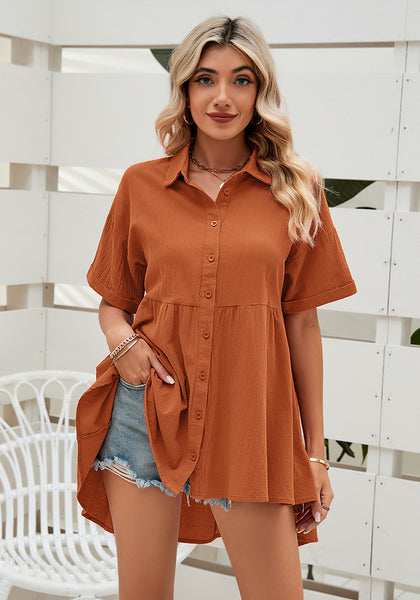 Mecca Orange 2023 Button Down Shirts for Women Oversized Short Sleeve Blouses Babydoll Flowy High Low Tunic Tops Summer