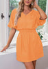 Orange Denim Dress for Women Chambray Batwing Sleeves Smocked Waist A-line Short Jean Dresses with Pockets