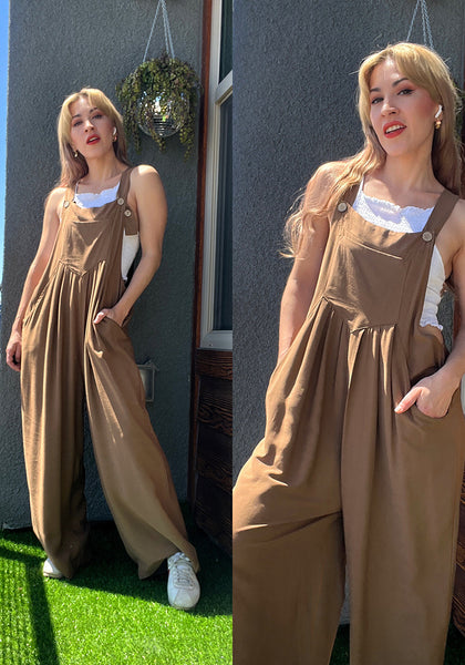 Rubber Brown Women's Vintage Summer Outfits Loose Wide Leg Overalls