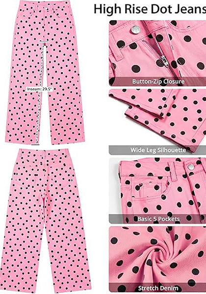 LookbookStore Wide Leg Jeans for Women High Waisted Polka Dot Stretch Denim Pants | Polka Dot, 90s Baggy Straight, High Rise, 29.5 Inch Inseam, Stretchy Jean Pants, Classic 5 Pockets, Business Casual Outfits
