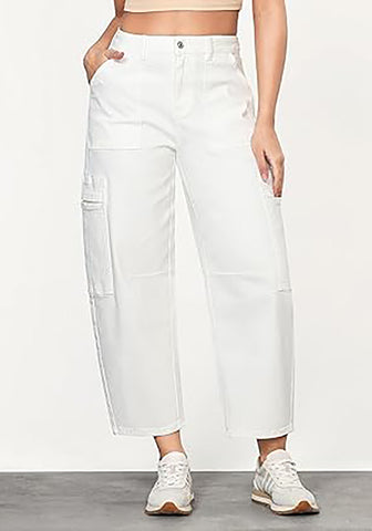 Cream White Women's Jeans Denim Relaxed Straight Ankle Length Barrel Cargo Pant