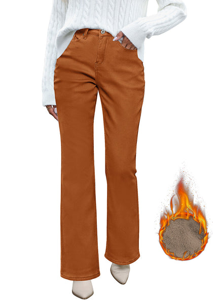 Apricot Orange Bootcut High Waisted Denim Pants Stretchy Fleece-Lined Pants