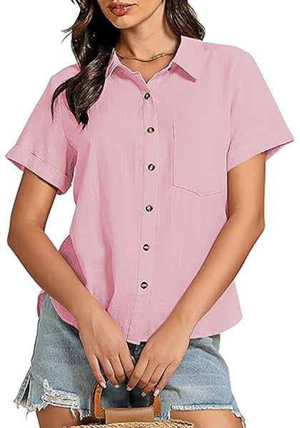 Pink for Women's Lapel Button Front Short Sleeve Top Casual Blouse Button-Down Shirt