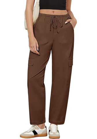 Brown Women's Relaxed Fit Drawstring Regular Full Length Hiking Casual Baggy Pant