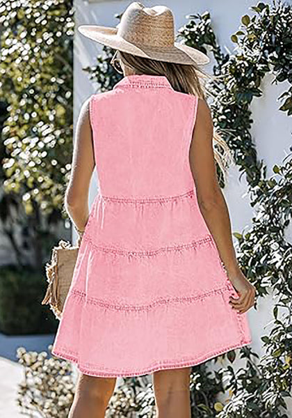 Baby Pink Denim Dress for Women Sleeveless Babydoll Button Down Short Jean Dresses Cute Summer