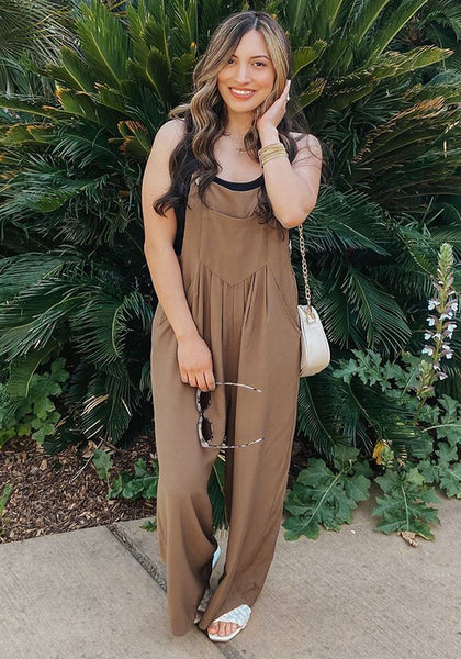 Rubber Brown Women's Vintage Summer Outfits Loose Wide Leg Overalls