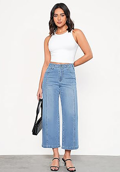 Lennox Blue Women's High Waisted Wide Leg Denim Cropped Jean Pants for Curvy