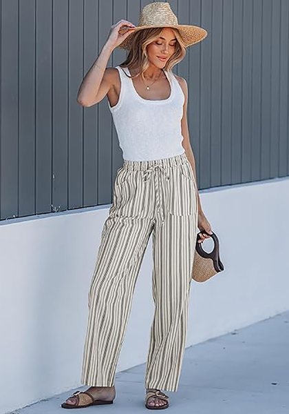 LookbookStore Light Beige Stripe High Waisted Wide Leg Pants for Women Drawstring Waist Casual Comfort Pants