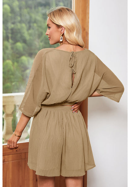 Beige Women's 2 Piece Outfit Textured Crop Tops Elastic Waist Flowy Shorts