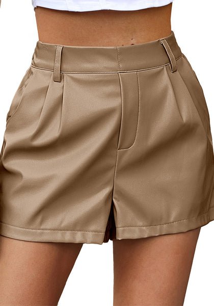 Toasted Almond Women's High Waisted PU Leather Shorts Stretch Pocket Pleat Shorts