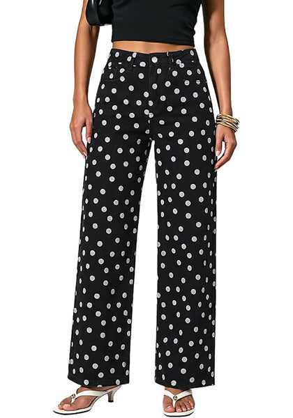 LookbookStore Wide Leg Jeans for Women High Waisted Polka Dot Stretch Denim Pants | Polka Dot, 90s Baggy Straight, High Rise, 29.5 Inch Inseam, Stretchy Jean Pants, Classic 5 Pockets, Business Casual Outfits
