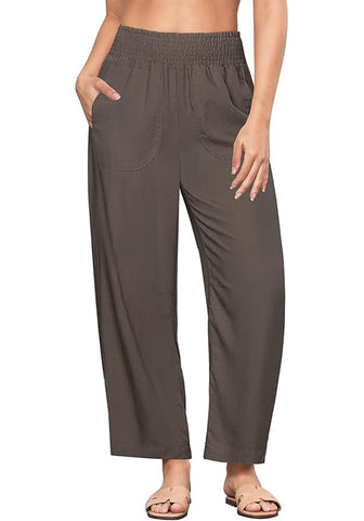 Coffee Brown Women's Casual High Waisted Lightweight Lounge Barrel Cropped Pants Soft Smocked Comfort Wear